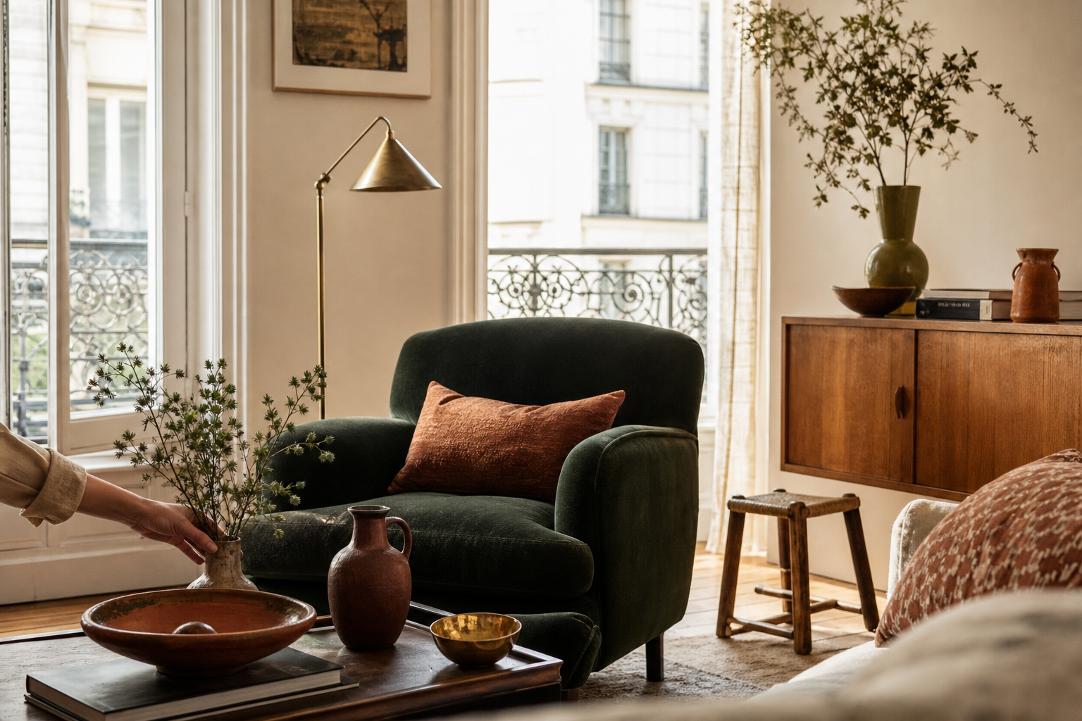 Salon lumineux aux teintes vert profond et terracotta